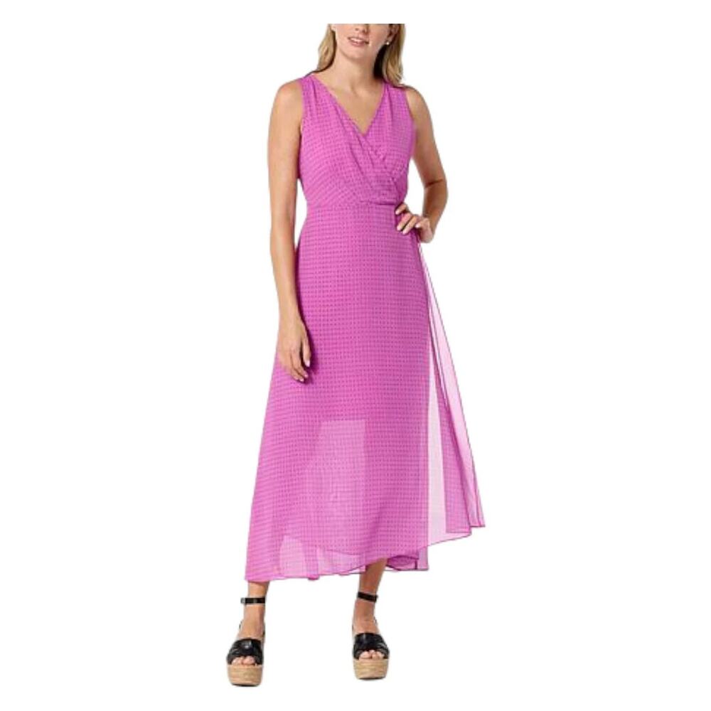 NWT Jaclyn Smith Dress Sz 2X Pink Midi Polka Dot Printed Chiffon Wrap-Front